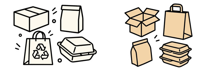 Set of packaging and delivery icons including cardboard boxes, paper bags, and takeout food containers for e-commerce and shipping