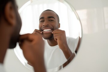 Smiling man performs daily dental hygiene flossing routine in bright bathroom mirror reflection