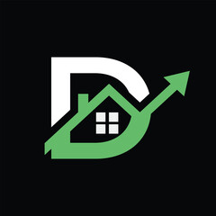 this is a flat logo design of an initial D in combination with a house and a graphic arrow heading up that looks good in green and white color on a black background