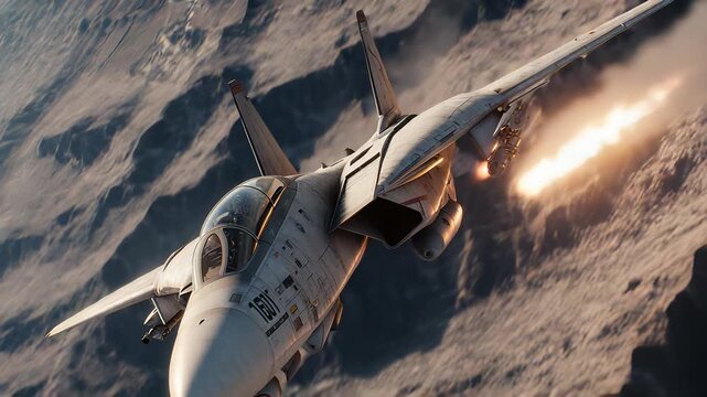 F-14 Tomcat Fighter Jet Deploying Flares Over Mountainous Terrain, High Speed Military Aircraft in Action, Aerial Combat, Defense and Aviation