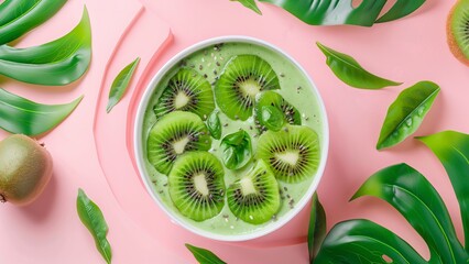 Kiwi smoothie bowl flatlay on pastel pink with tropical leaf accents