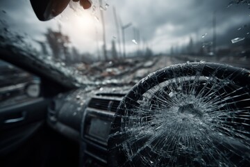 Cracked Windshield and Deployed Airbag Inside Car After Accident on a Rainy Day Generative AI