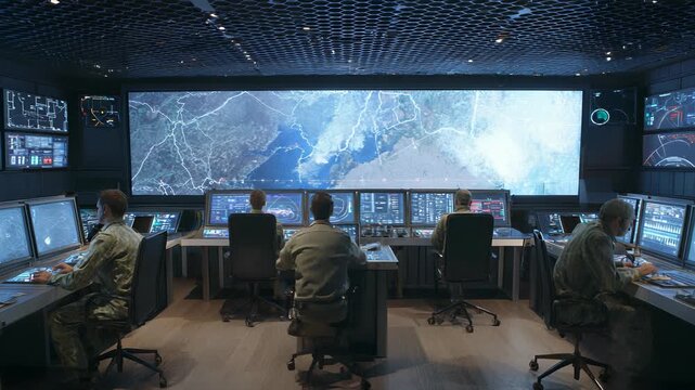 Military Personnel Monitoring Screens in a High-Tech Command Center, Analyzing Data and Tracking Information, Surveillance, Defense, and Strategic Operations