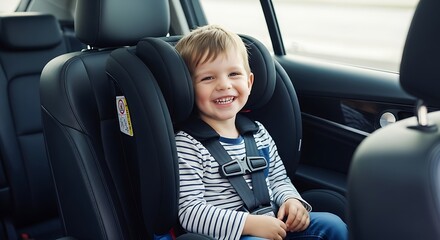 A happy child is safely secured in a car seat, ensuring their wellbeing and protection during travel, promoting safe driving habits for families