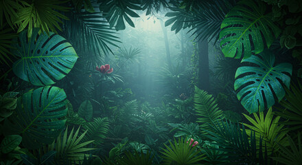 Naklejka premium Lush Jungle Canopy Serene Forest Ambiance with Vibrant Greenery and Tropical Flora