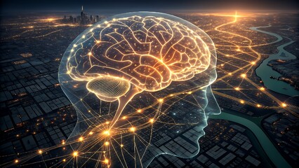 Human brain with glowing neural network connections over a city landscape