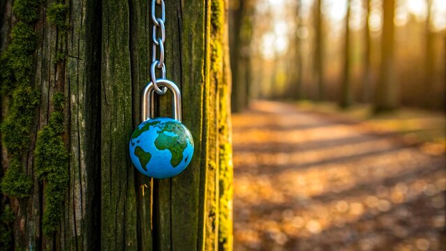 Earth shaped padlock on wooden post in forest symbolizing environmental protection - Powered by Adobe