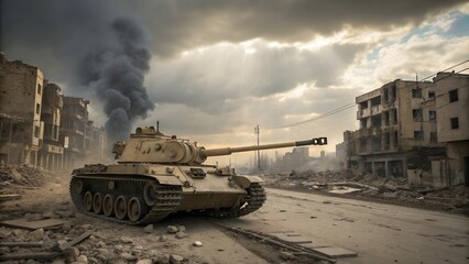 Tan Tank Amidst Destroyed Cityscape Under Cloudy Sky.
