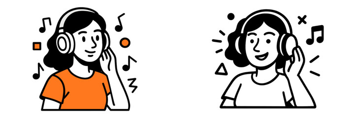 Woman listening to music on headphones, enjoying a podcast or song. Minimalist line art character icon set with musical notes