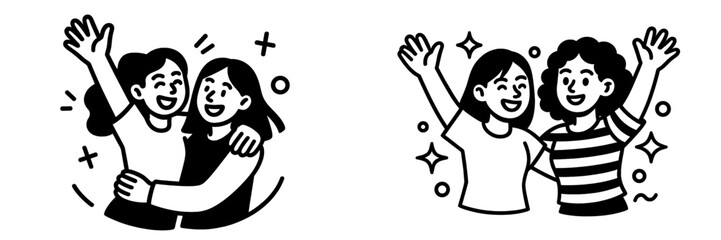 Two happy women friends hugging and waving in a simple black and white line art style icon set for friendship and celebration concepts