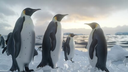 Obraz premium Emperor penguins walk across icy landscape under cloudy polar sky