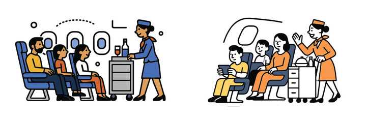 Flight attendant with a service trolley offering drinks to a family of passengers during a flight in an airplane cabin
