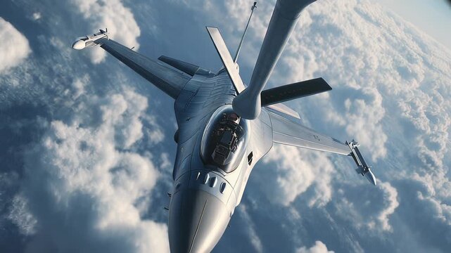 Fighter Jet Aerial Refueling Above Cloudscape, Military Aircraft in Flight, Air Force, Defense and Aerospace Technology