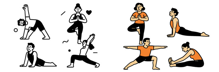 Collection of diverse people practicing various yoga poses for wellness and mindfulness in a minimalist line art style
