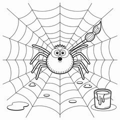 Obraz premium Cute Spider on Web Coloring Page – Cartoon Insect with Paintbrush Vector Illustration