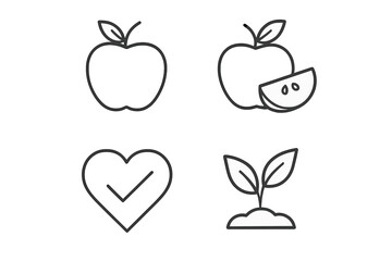 Minimalist outline icons of apple, sliced fruit, health check, and growing plant