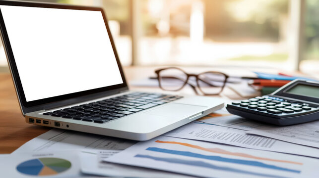 A mockup of a laptop screen on a table littered with various papers, reports, diagrams. The desk of an accountant or an economist.  Online courses on financial literacy