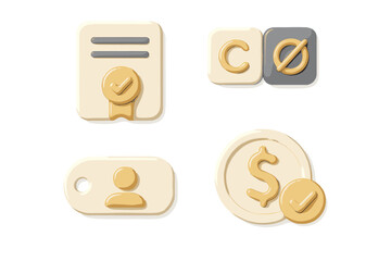 Minimalist 3D symbols for copyright law, user authentication, secure payment, and official certification or license isolated on a white background