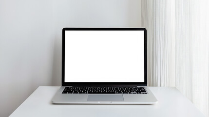 Fototapeta premium A stylish laptop with a white blank screen stands open on a white table. Laptop mockup for website presentation. Modern technologies. The concept of productivity