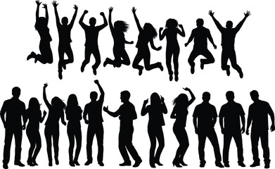 Silhouette Vector of People Dancing, Jumping, and Celebrating Together in Groups Isolated on White Background for Design and Animation
