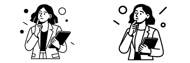 Minimalist black and white line art of a pensive businesswoman holding a tablet, thinking about a problem or contemplating a new idea for a project