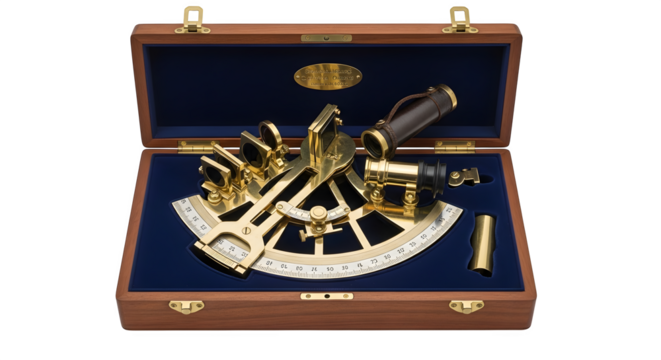 Antique brass sextant in a wooden box, a navigational instrument used for celestial navigation isolated on transparent background, a symbol of exploration and discovery