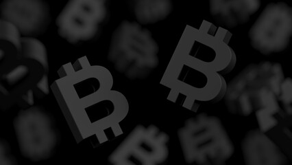 Bitcoin signs isolated on black background. 3d illustration.