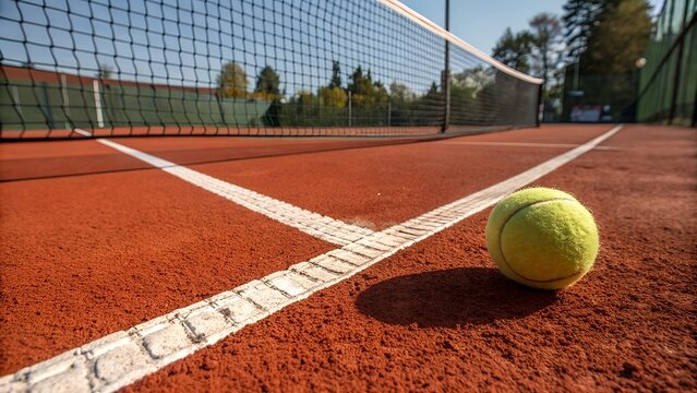 Tennis ball on clay court.