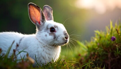 Obraz premium A white rabbit in a grassy field at sunrise