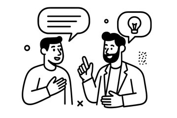 Two men in a minimalist line art style having a conversation with one sharing an innovative idea symbolized by a lightbulb speech bubble for collaboration