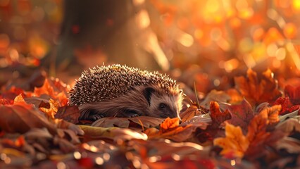 Hedgehog curled on autumn leaves in warm golden forest evening light