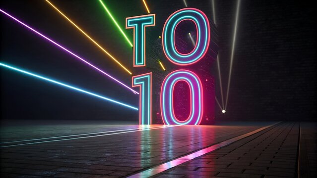 top ten countdown, neon light numbers from 10 to 1, laser ray appears on black background and fly forward.