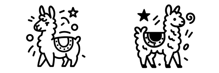 Cute llama alpaca icon set in a simple black and white line art style for children's design or festive decoration © Mark