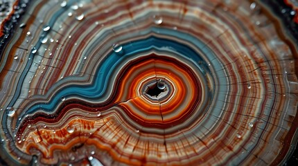High-resolution macro photograph of petrified wood cross-section showing agate and quartz mineral layers with vivid concentric patterns. Perfect for backgrounds, luxury designs, geology concepts