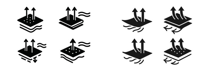 Breathable fabric property icons set showing airflow, moisture wicking, waterproof, and windproof material layers