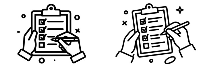 Checklist icon set with hand holding clipboard and pen marking tasks for project management and productivity concepts