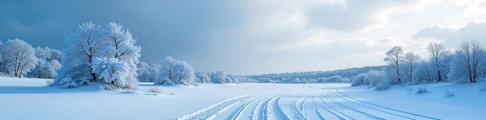 Fototapeta premium Frozen landscape with stark, snow-covered trees under a bleak, winter sky The intense cold is palpable in the scene's icy stillness and deep shadows , cold, deep freeze, winter