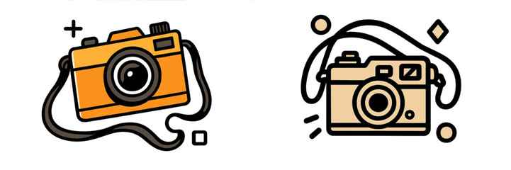 Set of two retro camera icons in a bold line art style isolated on a white background for photography and hobby concepts