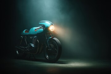 Sleek Teal Motorcycle in Dark Studio with Dramatic Lighting.