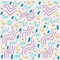 Motifs Abstraits colorés avec gribouillis et formes géométriques, Fond Beige, Illustration Vecteur Memphis