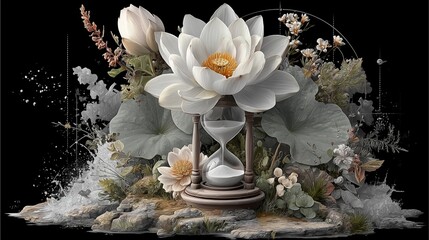 lotus flower inside hourglass symbolizing time and rebirth in linear symbolic art 