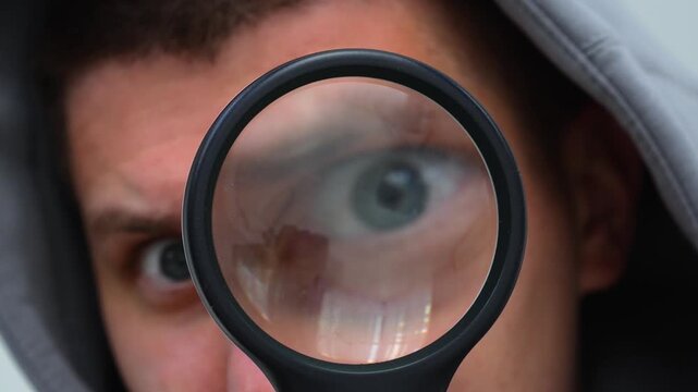 A curious man peeks through a magnifying glass on a white background.
A large eye in a magnifying glass.
A prebol for enlarging objects and for reading small print