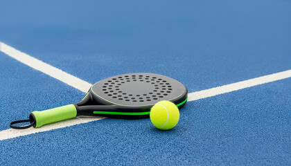 Padel racket and ball on an laying in a padel court