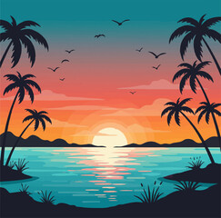 Obraz premium Vibrant tropical sunset with palm trees over calm ocean waters