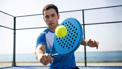 Men swinging a padel racket to strike a ball in motion inside a padel court