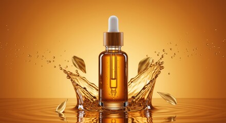 Naklejka premium Golden serum bottle with dropper and oil splashing for skin care and beauty product concept