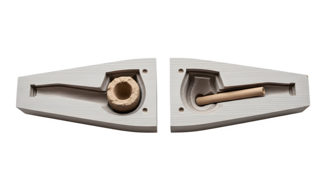 Twopart mold for making a smoking pipe isolated on transparent background, a tool for crafting tobacco pipes with precision and detail