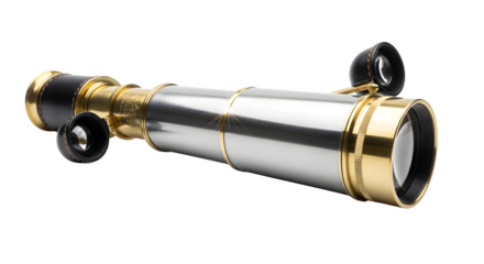 Vintage brass telescope isolated on transparent background, a classic instrument for exploration and discovery, symbolizing adventure, navigation, and celestial observation