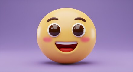 "A happy 3D emoji with large, bright eyes and a wide smile, set against a soft purple background. The playful, joyful design radiates positivity, making it perfect for conveying happiness and exciteme