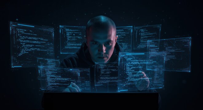 Man working with holographic computer interfaces in dark room - Powered by Adobe